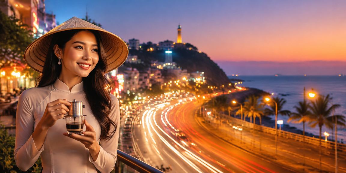 Người phụ nữ Việt Nam đội nón lá theo dõi kết quả xổ số tại Vũng Tàu